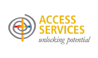 Access Services logo variant featuring concentric colorful circles with accessibility symbol, company name in gold text, and tagline 'unlocking potential' in gray, representing partnerships for barrier removal and inclusive community access initiatives in Star Trak Investments LLC's social equity and accessibility investment strategy