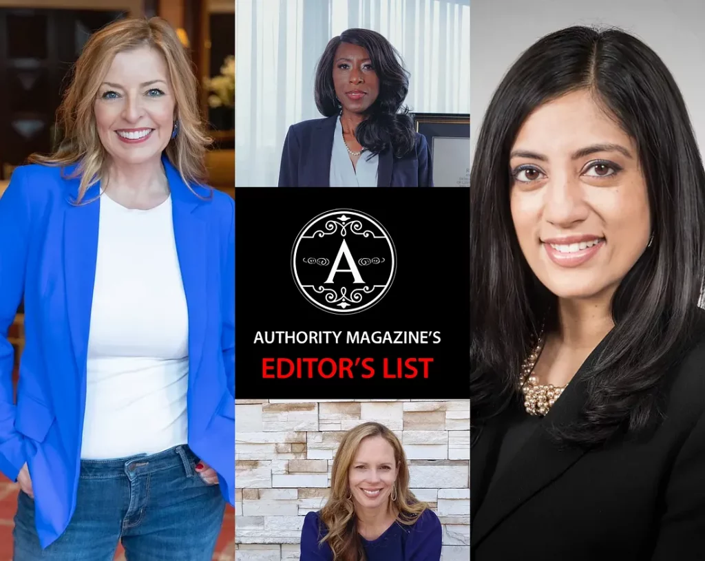 Professional collage featuring four headshots of businesswomen, including Angel Mary from Star Trak Investments LLC, combined with an 'Authority Magazine's Editor's List' emblem in the center with ornate circular frame and red text. The composite image showcases recognition of prominent female financial advisors and investment professionals featured in Authority Magazine's curated selection of influential business leaders and wealth management experts